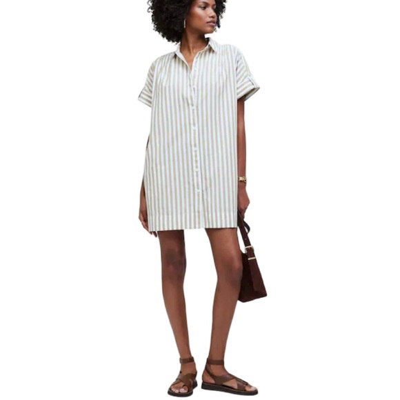 Madewell Collared Button Front Mini Tan Striped Cotton Poplin Shirt Dress XS - Picture 2 of 15